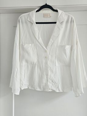 Sancia Relaxed White Button-Front Pocket Shirt Bell Sleeve Oversized Small